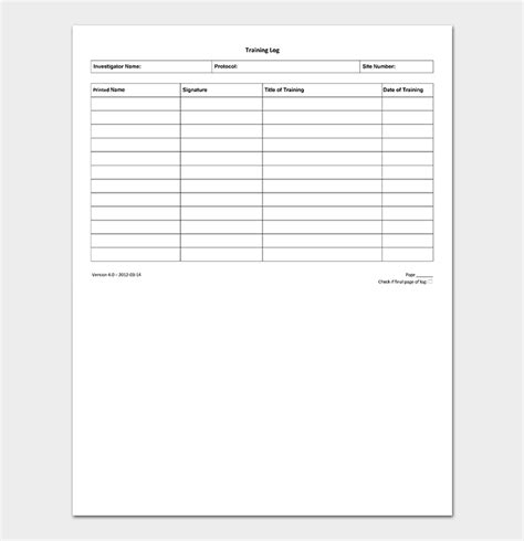 Employee Training Log Printable Template