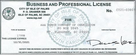 Business Licenses Aaa Fence Charleston