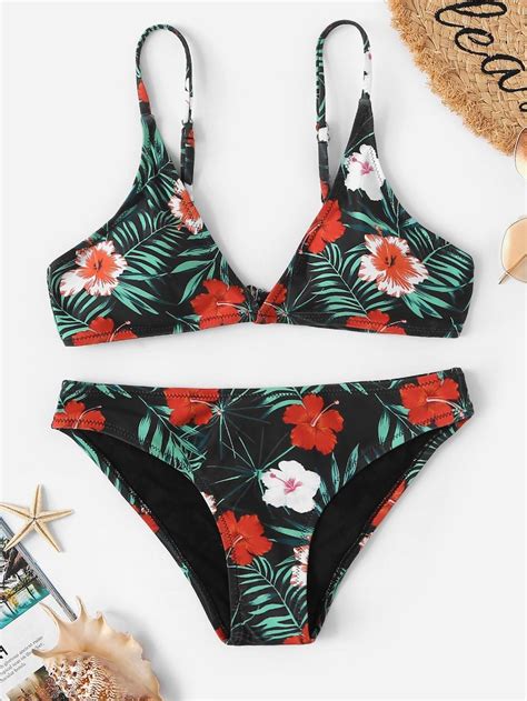 Random Leaf Flower Print Low Rise Bikini SheIn Sheinside Bikinis Swimsuits Swimwear