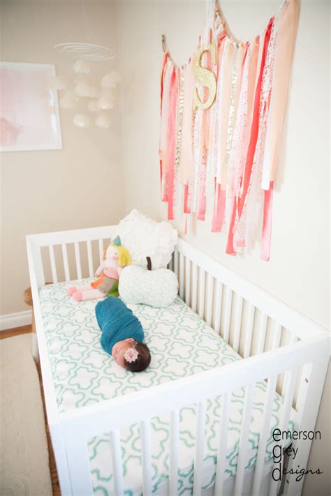 Finished with solid coral trim and solid teal ties. Sweet Little Nursery: Coral and Teal Nursery