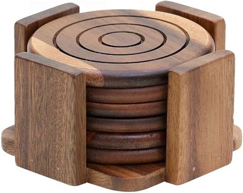 Artisan 6 Piece Round Acacia Wood Coaster Sets Unique