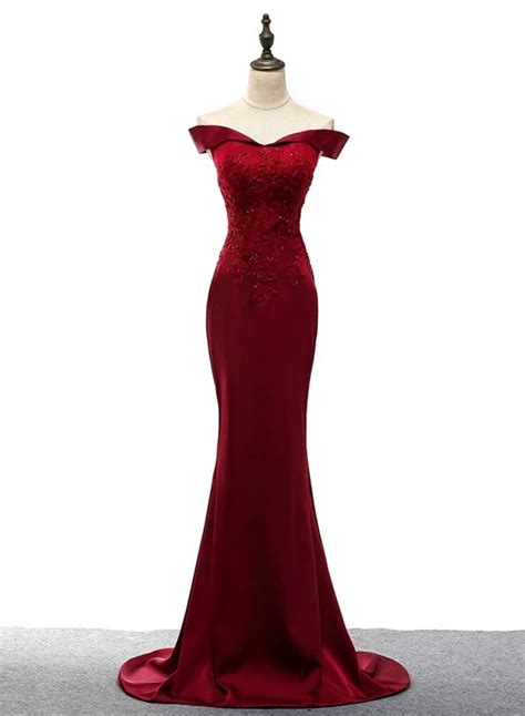 Dark Red Mermaid Satin Long Party Dress Off Shoulder Evening Dress Beautydressy Burgundy Prom