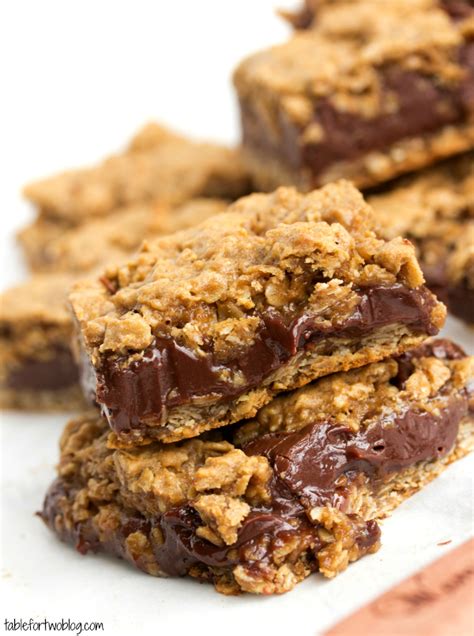 Stir in the flour, oats, brown sugar and corn syrup. Oatmeal & Chocolate Cookie Bars - Table for Two® by Julie ...
