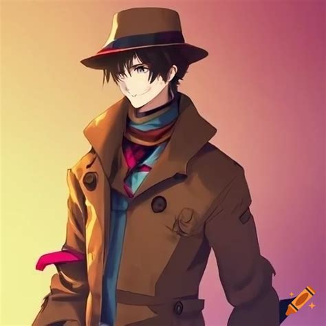 Anime Style Male Explorer Character With Brown Fedora And Trench Coat