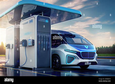 At A Sleek And Modern Hydrogen Fueling Station A Compact Minibus Pulls