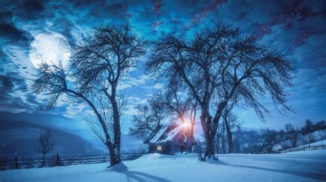 Frost Sky Cloud Tree Bungalow Night Fullmoon Snowy Nature