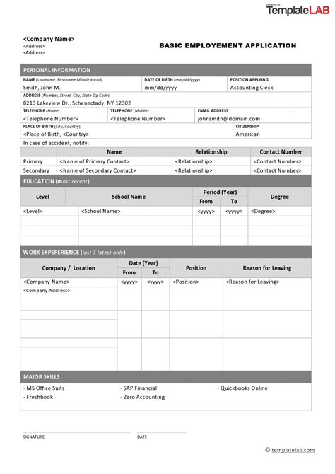 Printable 50 Free Employment Job Application Form Templates Child Care