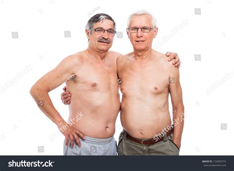 Portrait Of Two Shirtless Elderly Men Isolated On White Background
