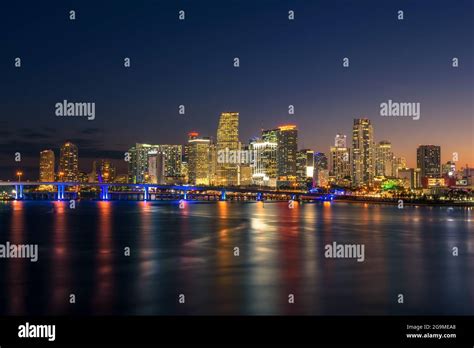 Downtown Miami Skyline And Biscayne Bay At Night Stock Photo Alamy
