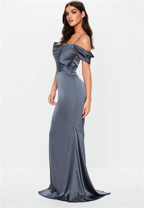Gray Satin Cowl Cold Shoulder Maxi Dress Missguided