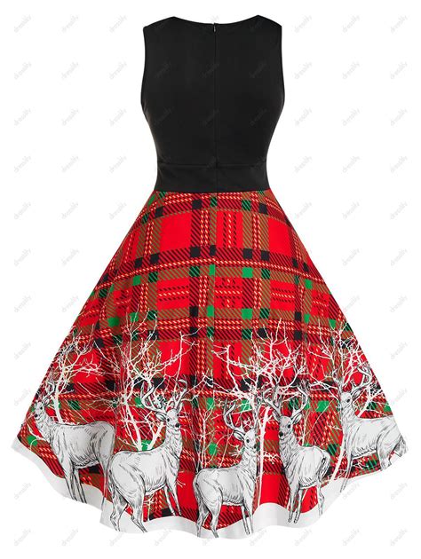 39 Off 2021 Christmas Elk Print Plaid Buckles Dress In Multicolor A