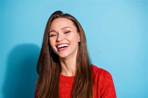 Photo Of Attractive Funny Lady Laughing Out Loud Wear Red Knitted
