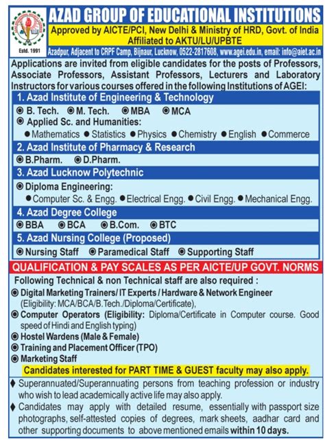 Azad Group Of Educational Institutions Lucknow Wanted Professor