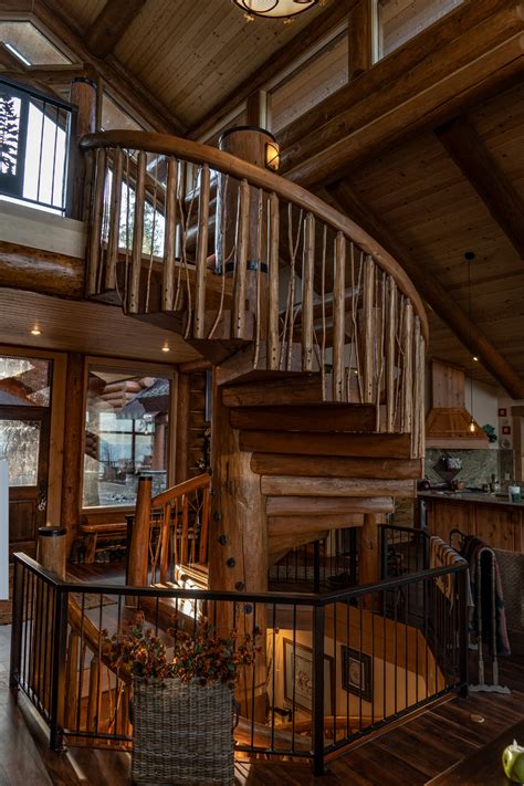 Beautiful Handcrafted Log Staircase By Caribou Creek Log Homes