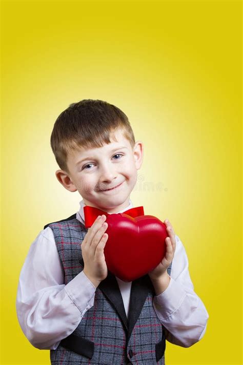 Happy Smiling Little Boy Holding Red Heart Stock Photo Image Of
