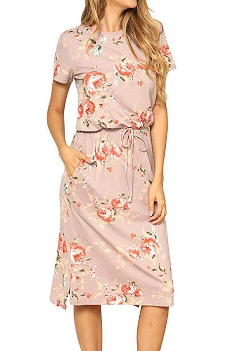 Short Sleeve Drawstring Pocket Floral Print Midi Dress Khaki