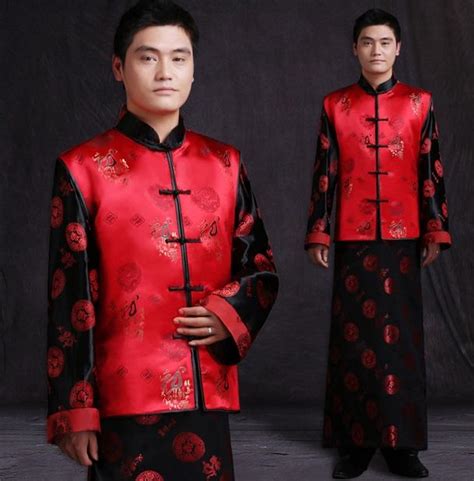 Mens Male Cheongsam Red Chinese Style Ancient Costume Groom Dress