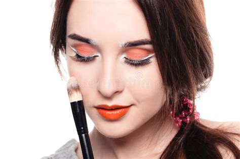 Woman Holding Different Make Up Brushes Stock Photo Image Of