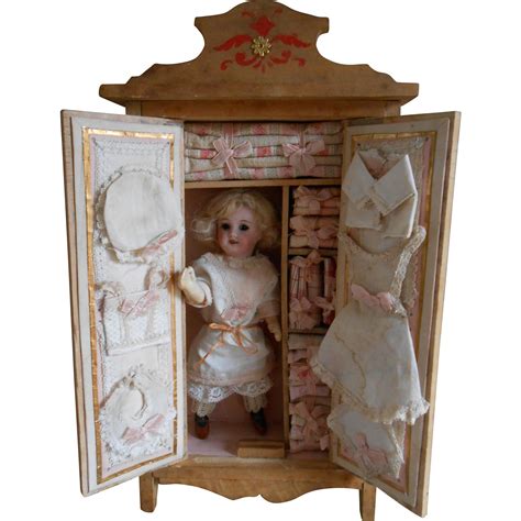 Authentic Cabinet With French Doll Wardrobe And Fabric Rolls