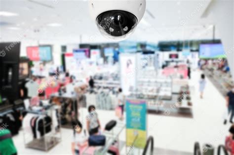 Premium Photo Modern Public Cctv Camera With Blurred Interior Of A Shopping Mall
