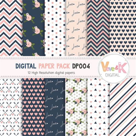 Navy And Pink Digital Paper Pack Scrapbook Digital Paper Page