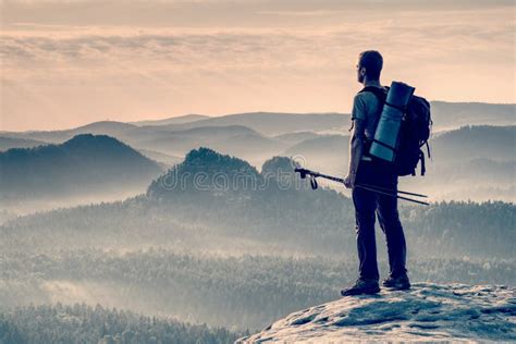 Man Hiker On Mountain Top Hiking Or Climbing Stock Image Image Of