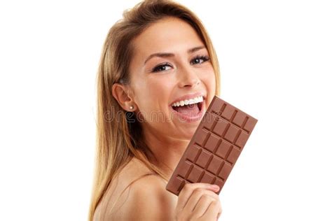 Portrait Of Beautiful Woman Holding Chocolate Bar Stock Image Image