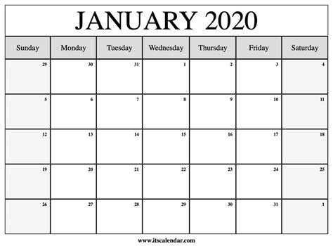 Free Printable January 2020 Calendar