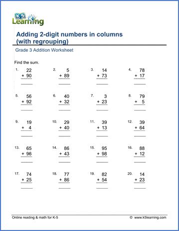 addition worksheets add  digit numbers  columns  regrouping