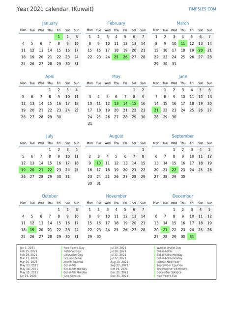 Calendar For 2021 With Holidays In Kuwait Print And Download Calendar