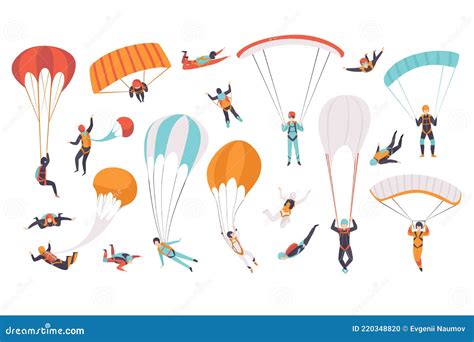 Skydivers Flying With Parachutes Set Extreme Parachuting Sport And