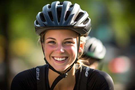 Una Joven Ciclista Con Un Primer Plano De Su Rostro Sonriente Mientras