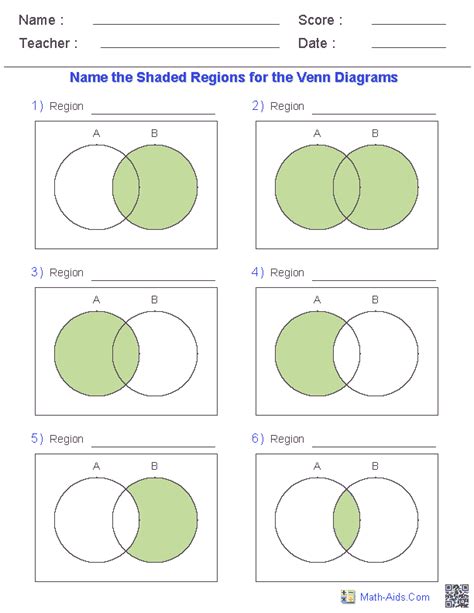 Venn Diagram Worksheets Name The Shaded Regions Using Two Sets Venn