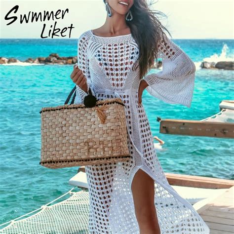 Crochet Cover Ups Sexy White Beach Sarong Bikini Cover Up Long Sleeve