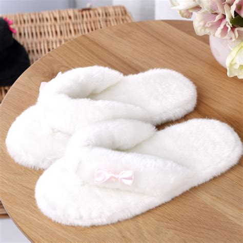 Fuzzy Womens Flip Flops Fleece Bedroom Slippers With Bow