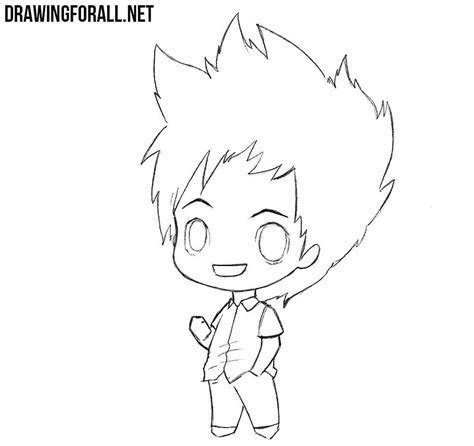 Sketch in his taped hand and flowing scarf. How to draw a Chibi boy | Drawingforall.net