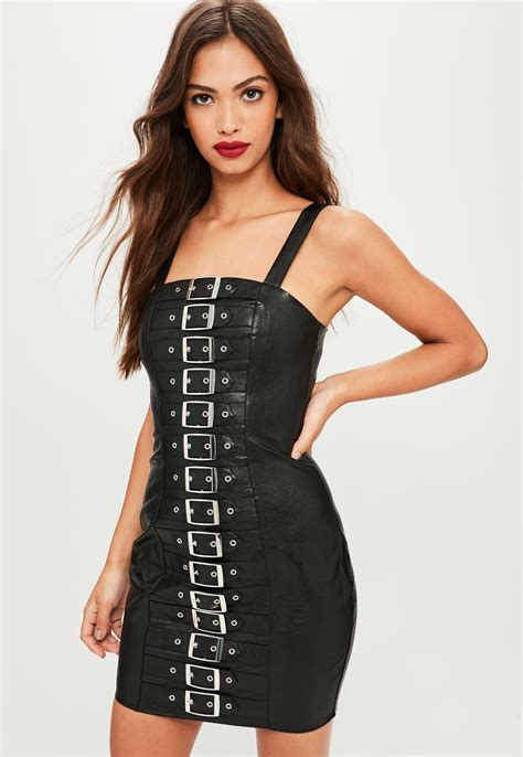 lyst missguided black faux leather buckle detail bodycon dress in black