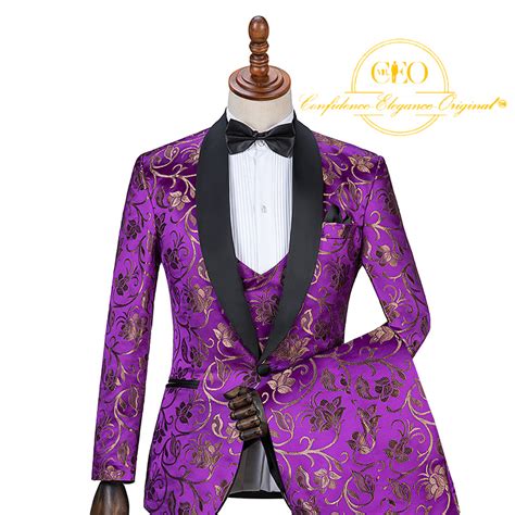 3 Piece Purple Gold Floral Black Lapel Matching Pants Single