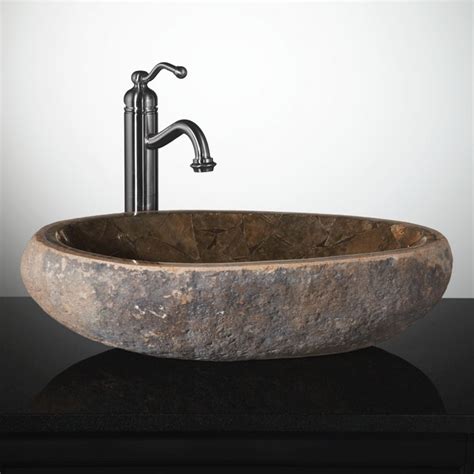 Mosaic Natural River Stone Vessel Sink Brown Onyx Bathroom