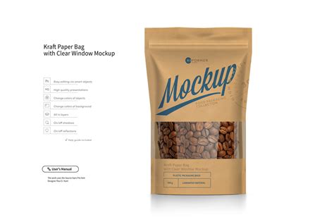kraft paper bag stand  pouch doypack  clear window mockup