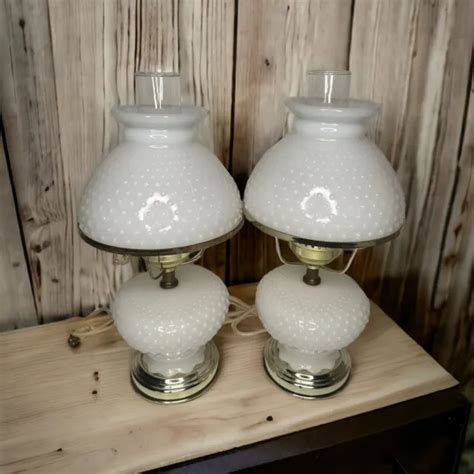 Pair Vtg Boudoir Lamps White Opaque Milk Glass Hobnail W Hurricane