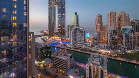 Dubai Marina Skyscrapers And Jbr District With Luxury Buildings And