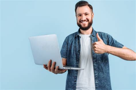 Happy Smart Person With A Laptop Stock Photo Image Of Beard