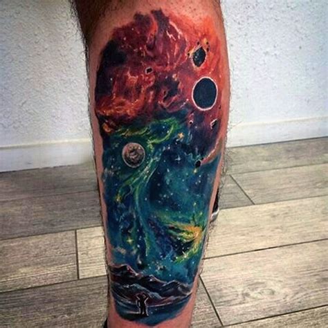 Usual Style Colored Space Tattoo On Leg Tattooimages Biz