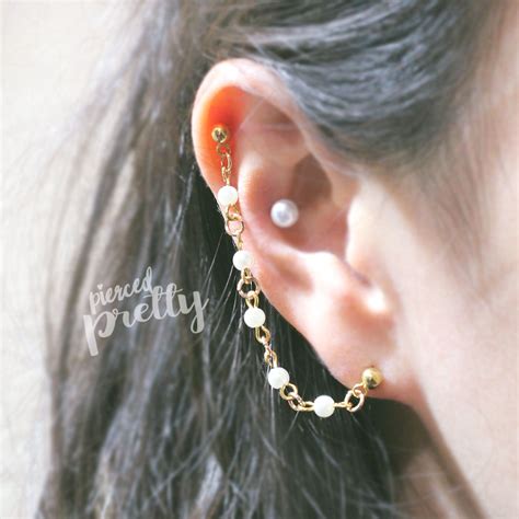 Pearl Helix To Lobe Chain Earring Ear Cartilage Two Hole Chain Jewelry