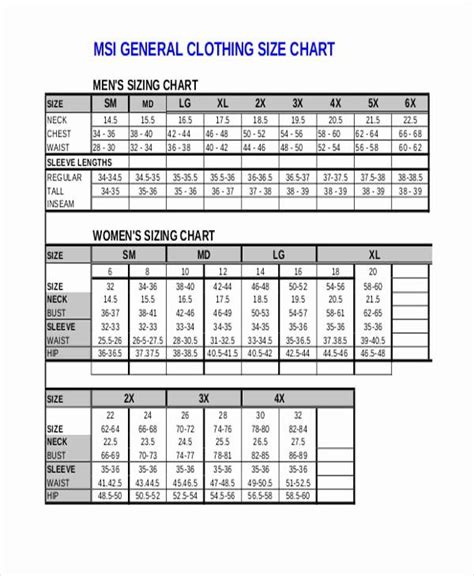 Clothing Size Chart Template Lovely 11 Size Chart Free