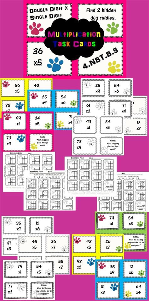 Double Digit X Single Digit Multiplication Task Cards With Dog Riddles