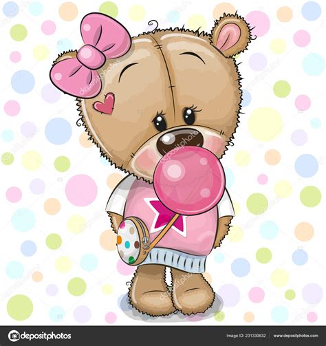 Cute Cartoon Teddy Bear Girl Pink Bow Bubble Gum — Stock Vector