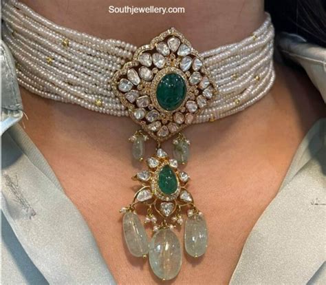 Multi Strand Pearl Choker With Polki Pendant Indian Jewellery Designs