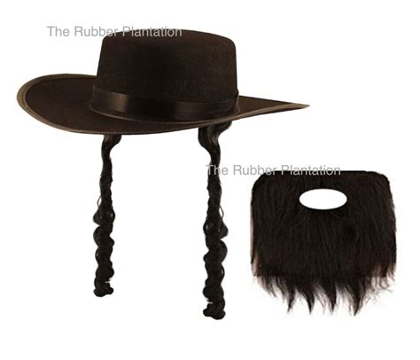 Jewish Rabbi Fancy Dress Hat With Sideburns Black Beard Mens Stag